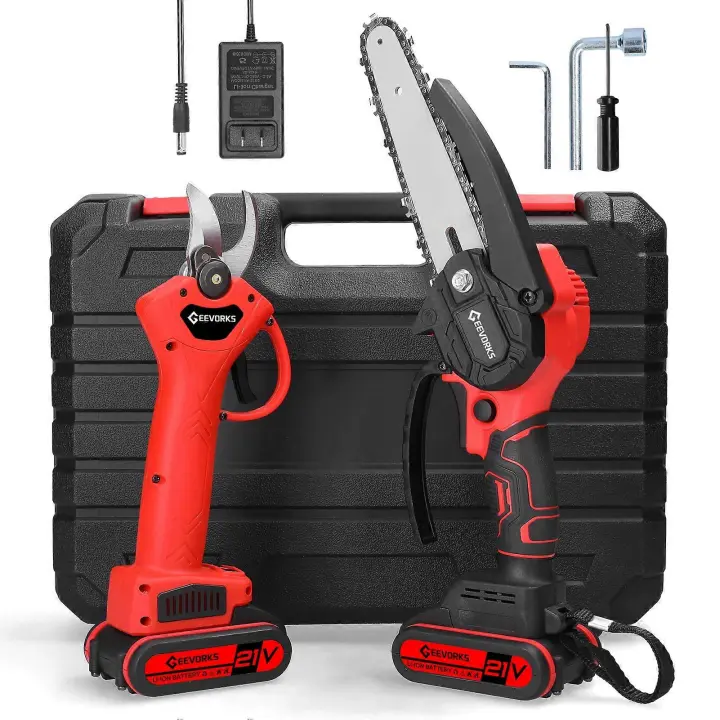 21V 6inch Portable Electric Chainsaw and 30mm Cordless Pruning Shear Set Wood Splitting Cutting Machine Kit Handheld Woodworking Tool for Garden Orcha - 1