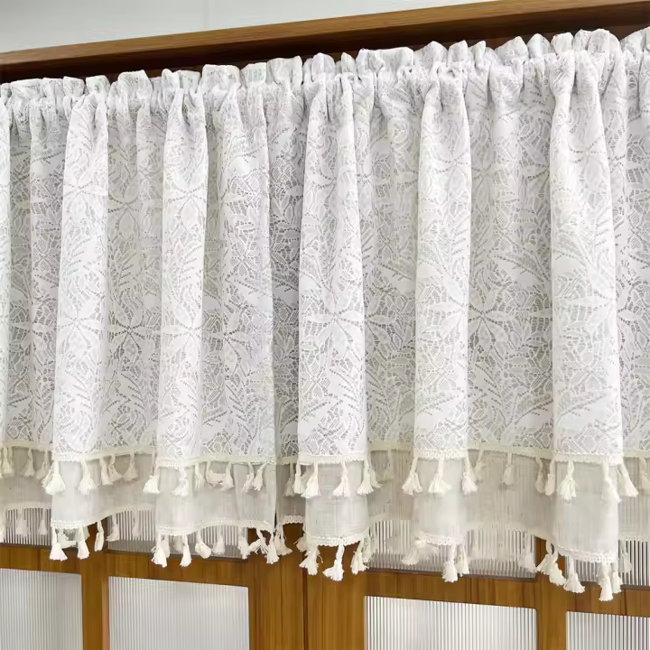 Cortina Boho Valance Blanco En Lona Transparente Para Cocina Baño Farmacia Café Doble Capa Con Borde De Borla Media Ventana - 1