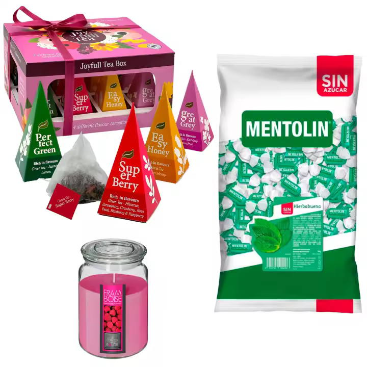 Lote respira: MENTOLIN HIERBABUENA S/A BOLSA 1KG + WELL HOME - Vela perfumada de frambuesa + WELL HOME - Caja de Té Joyfull con variedad de sabores - 1