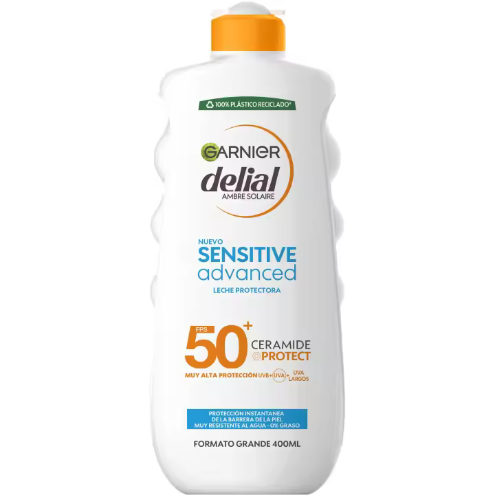 Garnier Delial Sensitive Advanced Leche Protectora Solar para pieles claras, sensibles e intolerantes al sol IP50+. Muy resistente al agua, 0% pegajoso, 0% graso  - 400 ml. - 1