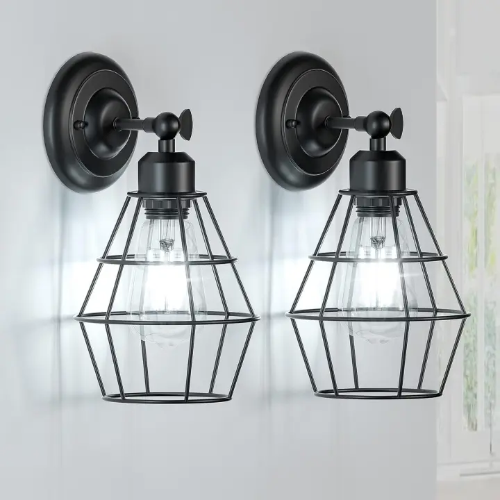 Aplique de pared industrial, 2 piezas, iluminación de pared con jaula de alambre vintage - 1