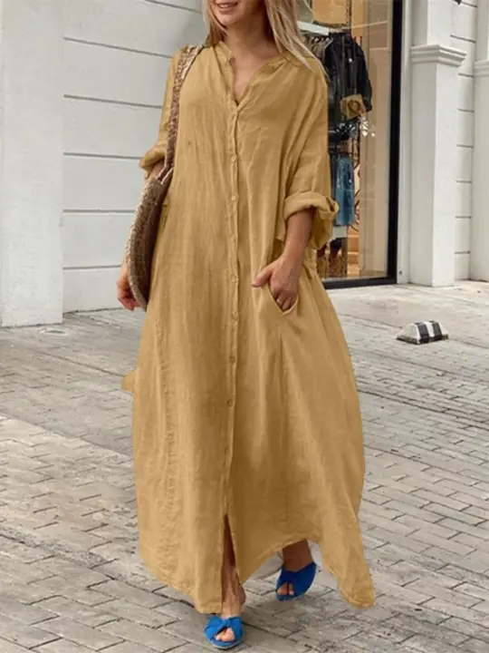 Nueva Túnica De Verano Para Mujer 2024 Algodón Y Lino Suéter De Playa Con Cierre Único Manga Larga Vestido A-Line De Cintura Baja - 1