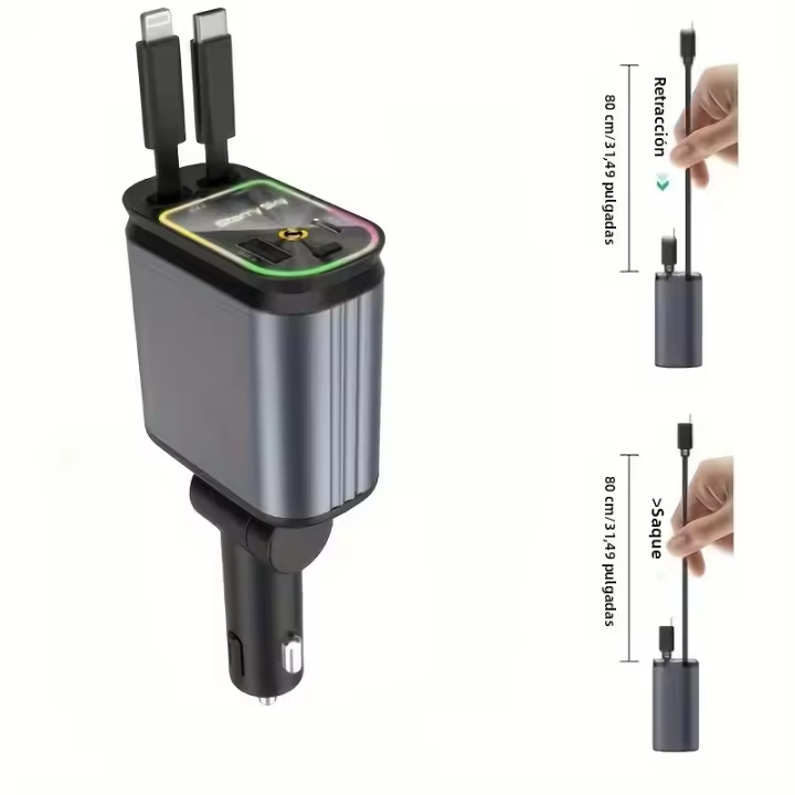 Cargador De Coche Retráctil 4 En 1 Con Cable USB C Y Lightning Starlight Para Automóviles Carga Rápida Para iPhone Y Samsung - 1