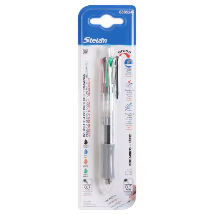 STELAM Bolígrafo multicolor 4 en 1 de 0.7 mm + lápiz de 0.5 mm con goma- Tinta negra, azul, roja y verde, escritura suave, retráctil, ideal para escuela, oficina y hogar - 1