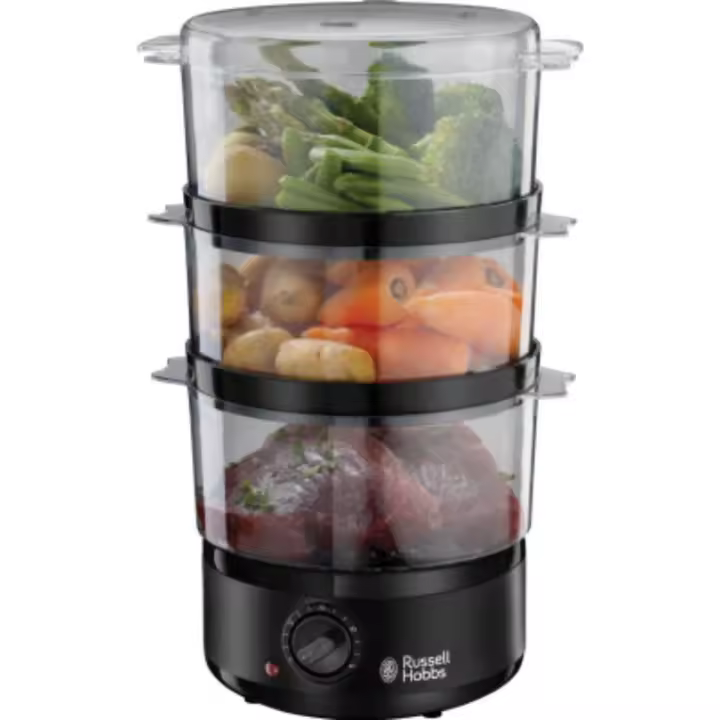 Russell Hobbs Vaporera Compacta Matte Black 26530-56 | 7L De Capacidad, 3 Recipientes Para Cocción Al Vapor, Cuenco Para Arroz, Temporizador De 60 Minutos, Sin BPA, Diseño Compacto, Acero Inoxidable - 1