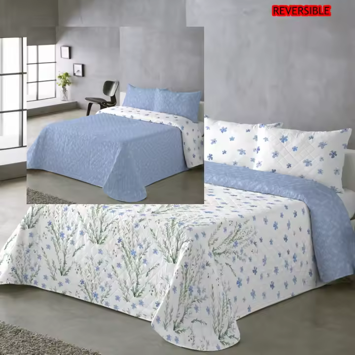 UNIFABRIC HOME TEXTIL Colcha Bouti Primavera Verano Reversible Color Azul Mod.VARELIA Cama 90 ,105,135 y 150  Ligeras y Suaves ,Incluye fundas de cojín,Termosellada No hace bolitas y facil planchado - 1