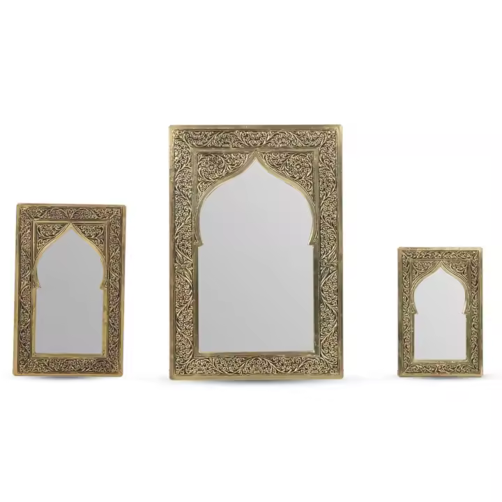 Espejo Marroquí de Alpaca Grabada Dorado - 9 tamaños - Artesanía Marroquí 100% Hecho a Mano - Arco Árabe Punta Andalusí - Espejos Árabes y Decoración - 1
