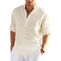 Nueva camiseta de manga larga de lino para hombre, camisa informal holgada de Color sólido, camisa de lino de algodón de manga larga - details 2