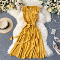 Vestido De Mujer YuooMuoo Estilo Coreano Verano 2025 Casual Sólido Sin Mangas Cinta Bandage Negro Vintage Elegante Vestido Midi O-Neck - details 9