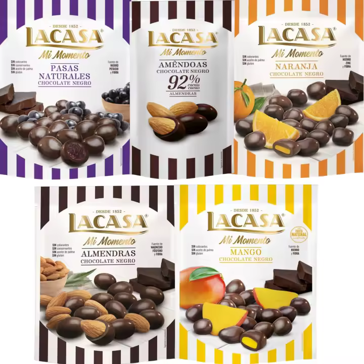 Lacasa Mi Momento pack de 5:Almendra 92% 65G,Pasas choco Negro 150G,Almendra choco Negro 125G,Naranja choco Negro 125G,Mango choco Negro 115G - 1