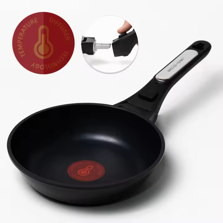Eco-De Thermo Pan Sarten de 20 cm con Mango Extraíble - Antiadherentes con Indicador de Temperatura, Aptas para Horno y Lavavajillas, Compatibles con Inducción, Gas y Vitrocerámica - Aluminio Fundido de Alta Durabilidad - 1