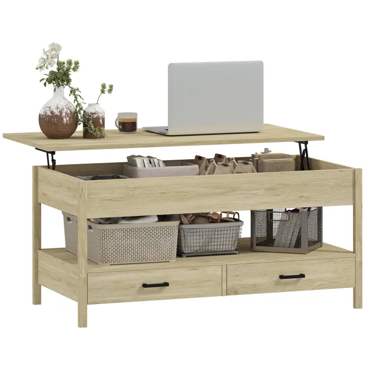 HOMCOM Mesa de Centro Elevable Mesa de Café con Encimera Elevable Espacio Oculto de Almacenaje Cajones y Estante Abierto 100x50x48-62 cm Roble - 1