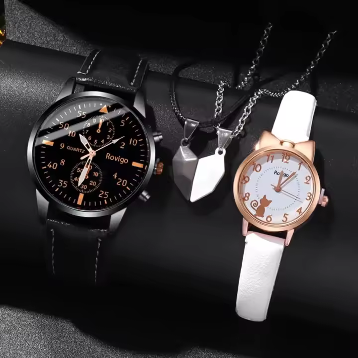 Juego De 4 Relojes De Cuarzo Para Hombres Y Mujeres Con Colgante De Amor Versátil Y Creativo Conjunto De Reloj Y Collar Para Parejas Material De Correa De Cuero Estilo Casual - 1