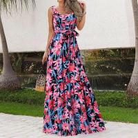 Vestido Largo Impreso Elegante Para Mujer Verano Primavera Sin Mangas Cuello Cuadrado Casual Playa Vacaciones Con Cinturón - details 1