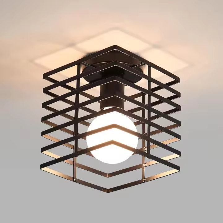 Lámparas de techo de jaula retro, lámpara de cubo de jaula de hierro cuadrado de metal, lámpara de techo con pantalla cuadrada de estilo industrial E27 para sala de estar, dormitorio, cafetería, bar, restaurante, pasillo de entrada [Clase energética E] - 1