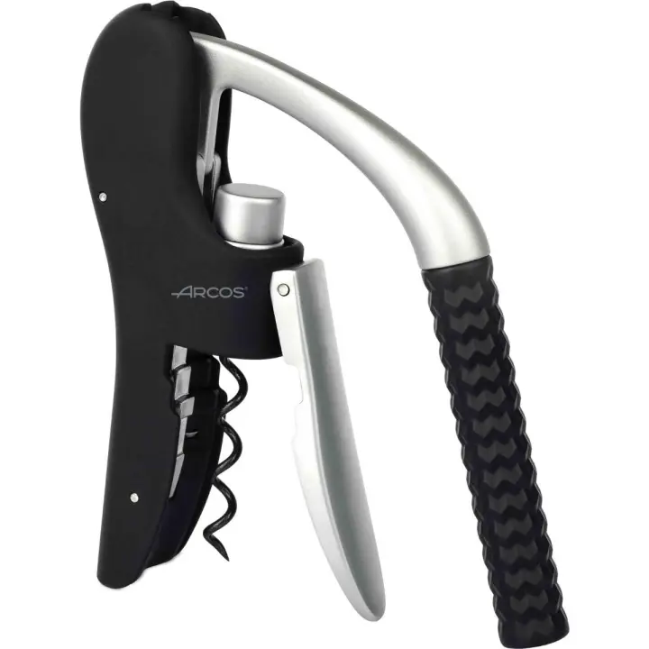 ARCOS Sacacorchos Manual de ABS, Aleación de Zinc y Elastómero. Accesorio para Abrir Vino con Cortacápsulas. Abrebotellas de Mano Moderno y Ligero. Color Plata y Negro - 1