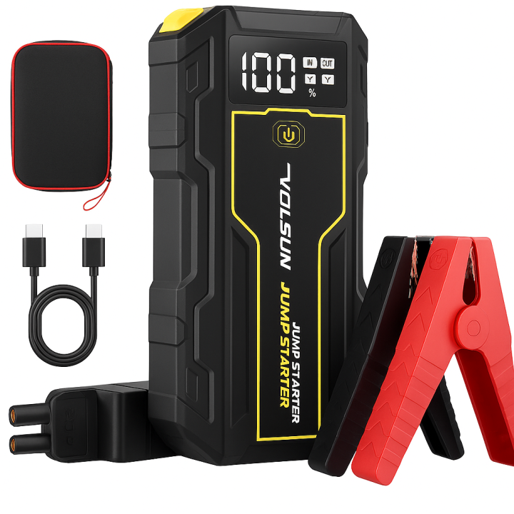 Arrancador de moto Coches 5000A, Arrancadores de Bateria de Coche Portátil(hasta 8.0L de diésel o 10.0L de Gasolina), 12V Jump Starter, Pinzas Inteligentes con Pantalla, Luz LED, Puerto QC3.0