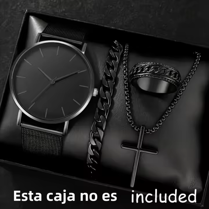 DEYROS Reloj De Cuarzo Para Hombre Estilo Casual Sencillo Y Elegante Set De 4 Piezas Color Negro Regalo Ideal Para Cumpleaños - 1