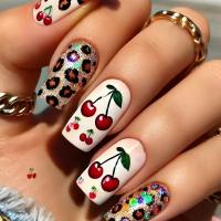Uñas Postizas De Presión Con Diseño De Leopardo Y Cereza Un Collage Único De Encanto En La Toma De Tus Manos Estilo Francés Material RESIN Origen China - details 0