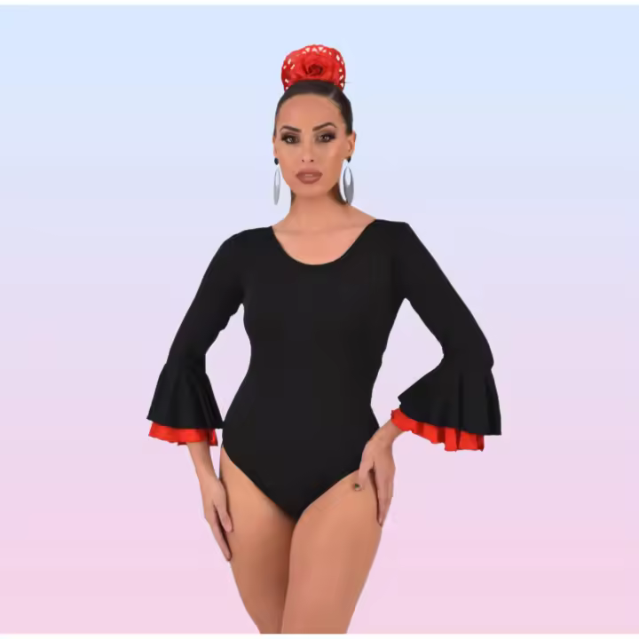 Body Flamenco de Tejido Elástico con Mangas de dos Volantes - 1