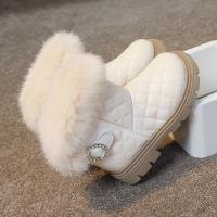 Botas De Invierno Para Niñas De Moda Con Pelo De Pluma Grueso Y Cálido Color Sólido Botas Cortas Para Niñas Estilo Británico Con Cierre SLIP-ON Talla Verdadera - details 29