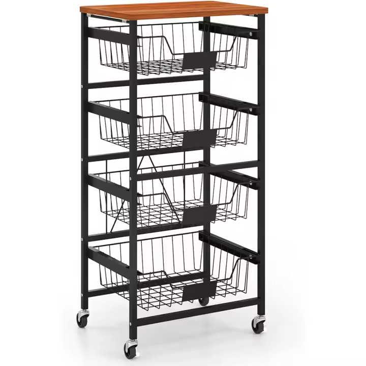 Carro de Verduras y Frutas con Ruedas, Cesta Móvil de Frutas con Tapa de Madera, Carrito Auxiliar con Marco de Metal y Cestas Extraíbles de Malla (4 Cestas, 42 x 31 x 89 cm) - 1