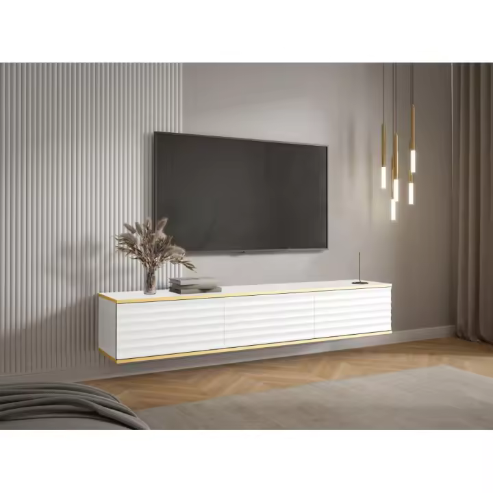 Vente-unique - Mueble TV flotante con 3 puertas de MDF - Blanco y Dorado - ALESAR de Pascal MORABITO - 1