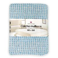 Colcha multiuso 85% algodón reciclado 15% poliéster diseño cuadritos azul cielo. - details 4