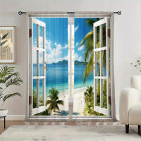 2pcs Cortina De Ventana Con Estampado De Paisaje De Playa Para Decoración Del Hogar Tratamiento De Ventana Para Dormitorio Oficina Cocina Sala De Estar Y Estudio 100% Poliéster - details 5