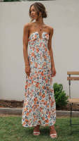 Vestido Maxi Bohemio De Verano Para Mujer En Chiffon Floral Sin Mangas Cuello En V A-Line Largo Con Espalda Descubierta Y Volante - details 11
