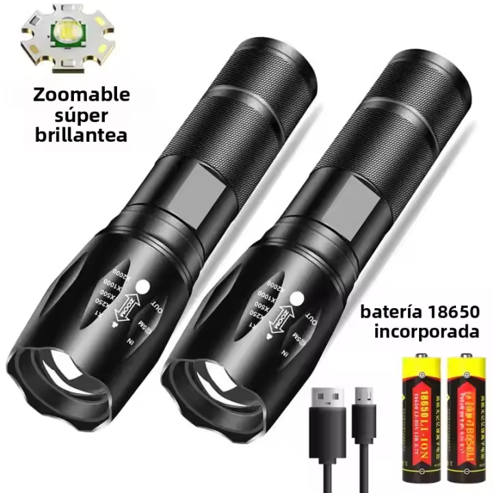 Linterna LED Potente Recargable Zoom Para Camping Luz De Bicicleta Al Aire Libre Con 3 Modos De Iluminación Portátil Y Resistente Al Agua - 1