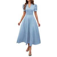 Vestido Elegante De Fiesta Para Mujer Cintura Alta A-Line De Color Sólido Con Manga Corta Estilo Francés Vestido De Cintura Cinchada Temperamento - details 5