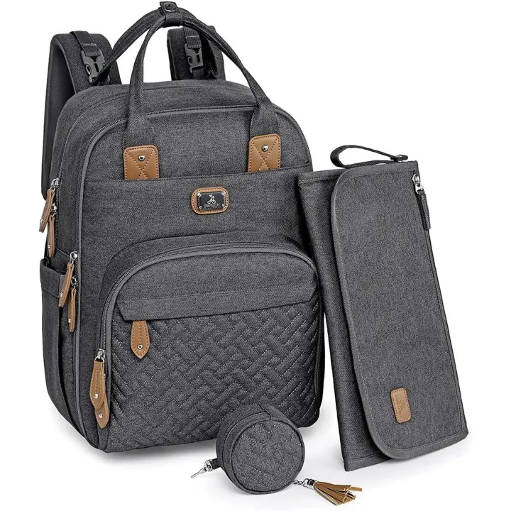 SOMY Mochila para pañales, mochila grande multifuncional para pañales con cambiador portátil, soporte para chupete y correas para cochecito, para mamá y papá (gris oscuro) bolsa de herramientas - 1