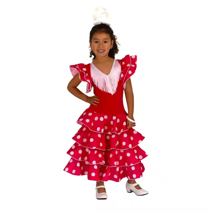 ANUKA Vestido de Niña Flamenco Sevillanas Largo Popelín Lunares Blancos Flecos Blancos Falda Tres Volantes Manga Doble Volante Streck Cuerpo Elástico Poliamida - 1