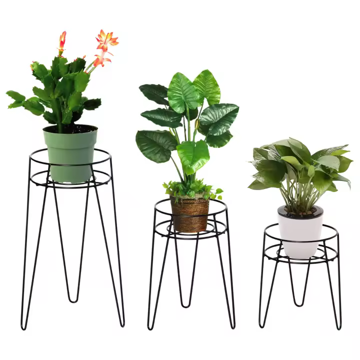 Outsunny Juego de 3 soportes para plantas de metal, taburetes para flores, soporte para macetas, taburetes para macetas de hasta 16 cm de diámetro, color negro - 1
