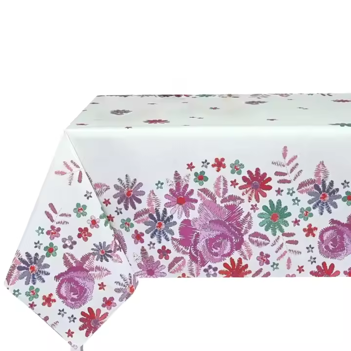 Mantel antimancha digital, Mantel lavable y impermeable, Caída decorativa, Para mesa rectangular, Tela algodón, Ideal para hogar y decoración,Fondo blanca marfil , Estilo moderno, Hojas, Flores rosado，Ancho 137cm, DM124 - 1