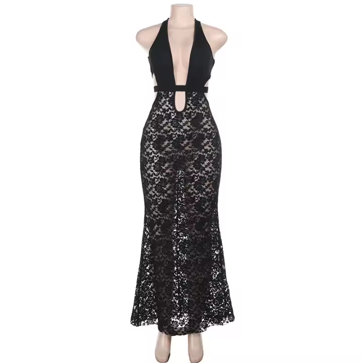 Vestido Lace Transparente De Verano Para Mujer Maxi Playa Sin Mangas Halter Sin Espalda Bodycon Streetwear Polyester Spandex - 1