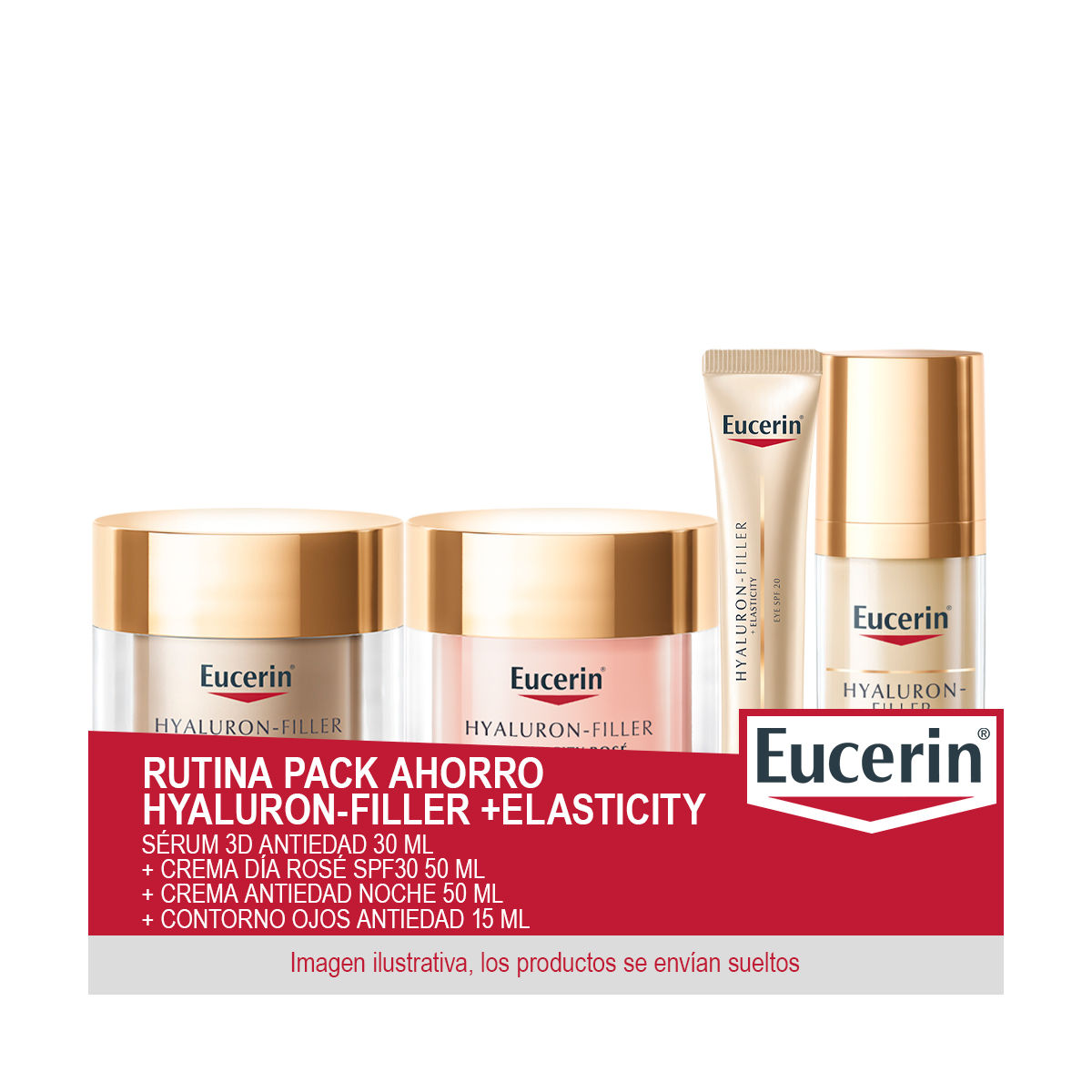 EUCERIN Rutina Pack Ahorro Hyaluron-Filler +Elasticity - Contiene Sérum 3D Antiedad 30 ml + Crema Día Rosé SPF30 50 ml + Crema Antiedad Noche 50 ml + Contorno Ojos Antiedad 15 ml