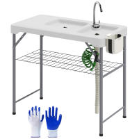 Outsunny Mesa para Limpiar Pescado Portátil Mesa Plegable para Camping con 2 Fregaderos Manguera de Drenaje Estación de Limpieza y Grifo para Pesca Barbacoa Blanco - details 0