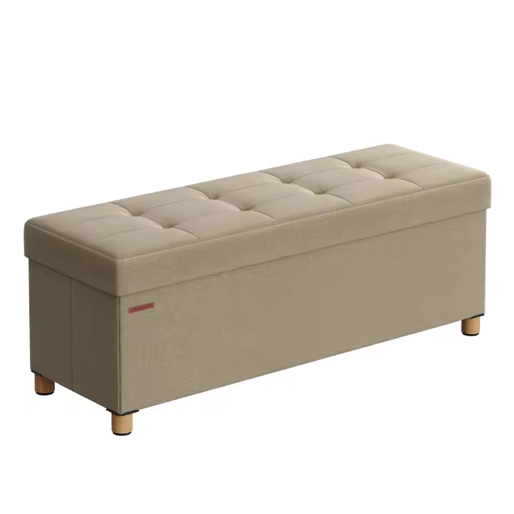 SONGMICS Puff Almacenaje, BaúPlegable con Patas, 38 x 110 x 40 cm,Banco de Pie de Cama, BancoAlmacenaje, Soporta hasta 300 kg, paraSala de Estar, Dormitorio, Entrada,Marrón Camello/Blanco - 1
