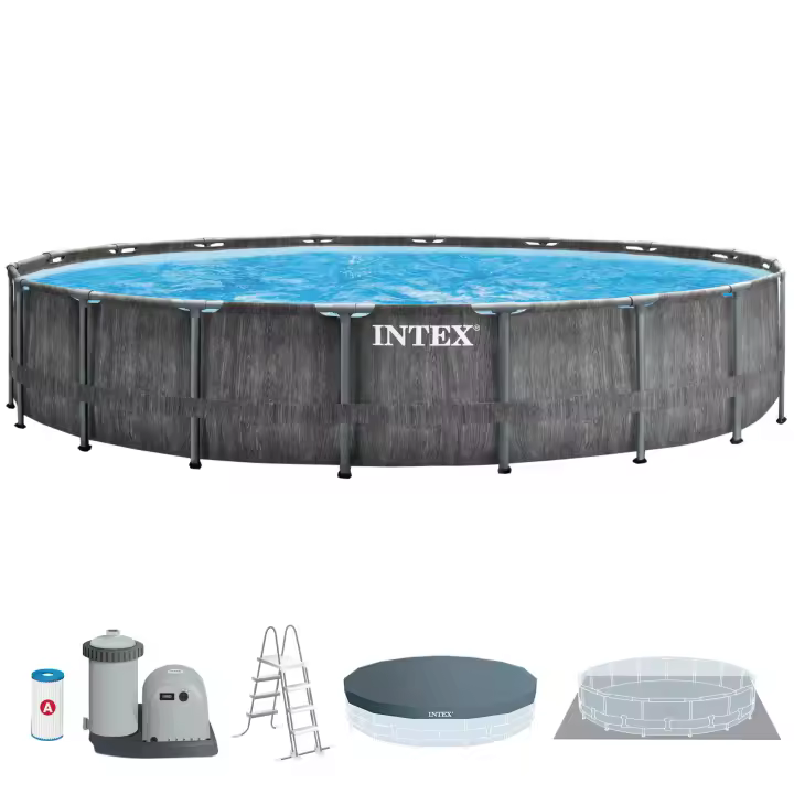INTEX - Piscina desmontable redonda Greywood de hasta 5 metros cm de diámetro, incluye depuradora, tapiz, cobertor y escalera, color gris efecto madera, resistente y duradera, +6 años, 45-60 min, piscinas desmontables grandes, piscinas familiares, premium - 1