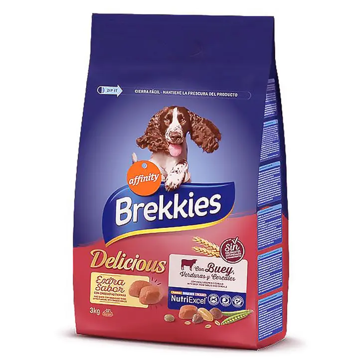 Brekkies, Delicious Adult Buey y Verduras, 3kg, 7,25, Pienso para Perros con Buey, Pollo, Verduras y Cereales - 1