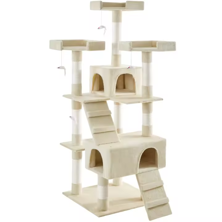 Tectake - Rascador para gatos BARNEY, 2 casetas para gatos con felpa para mayor suavidad, Varias alturas, 3 plataformas para descansar - 1