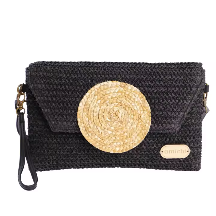 Bolso bandolera para mujer AMICHI Sole de rafia negro con cierre magnético - 1
