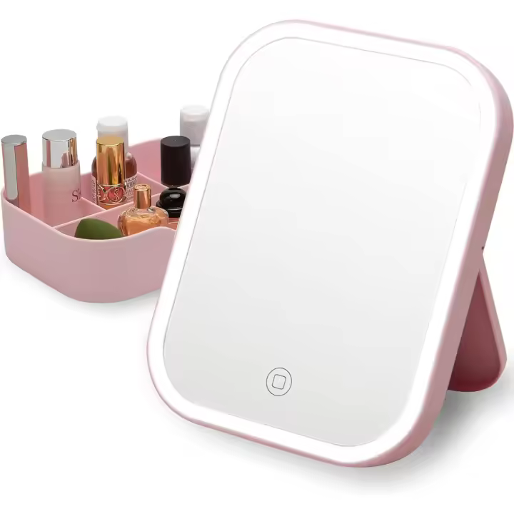 Espejo de maquillaje de mesa iluminado con luces LED, espejo de escritorio de tocador portátil, espejo cosmético recargable, - 1