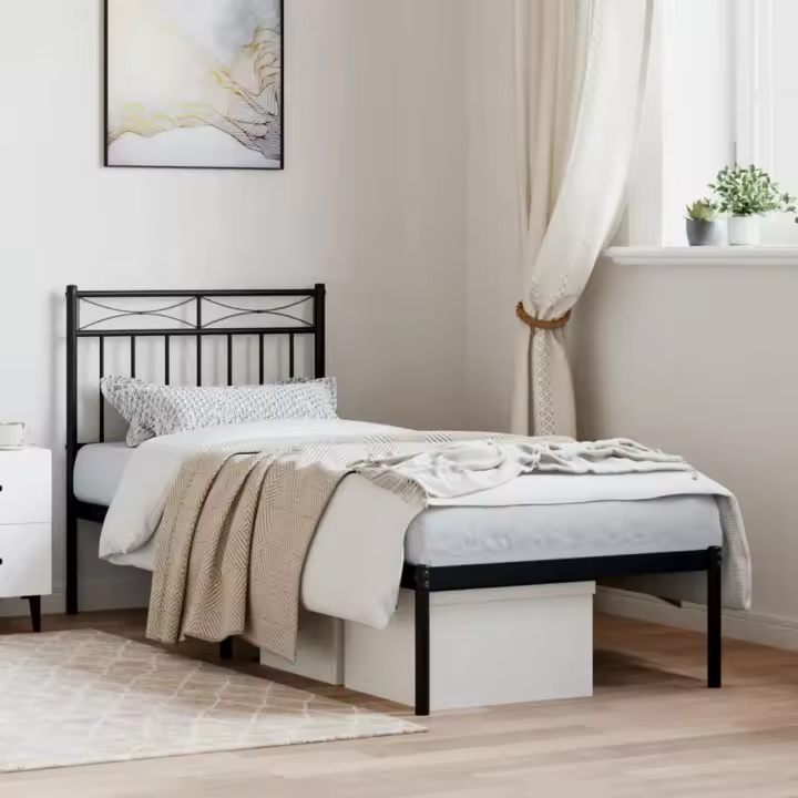 Estructura cama sin colchón con cabecero metal negro 80x200 cm - 1