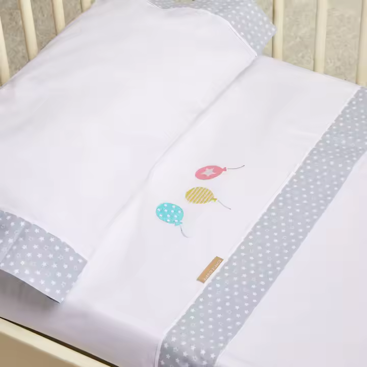 Juego de Sábanas Bordadas para Cuna Bebé 100% Algodón - 3 Piezas con Globos y Estrellas - Suave y Delicado - Burrito Blanco - 1
