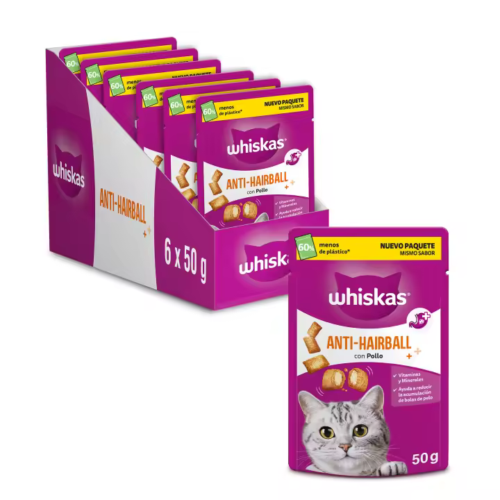 Snacks anti-hairball para gatos Whiskas 6 unidades de 50 g - 1