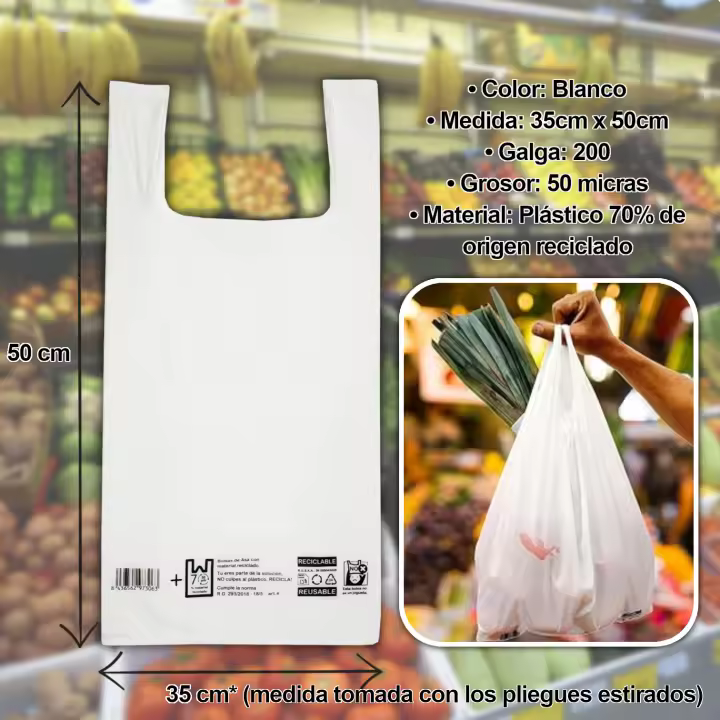 Bolsa de asa camiseta blanca, 1kg, distintas medidas, bolsa de plástico 70% reciclado, galga 200, 50micras, Bolsa camiseta para mercados, tiendas, comidas para llevar. - 1