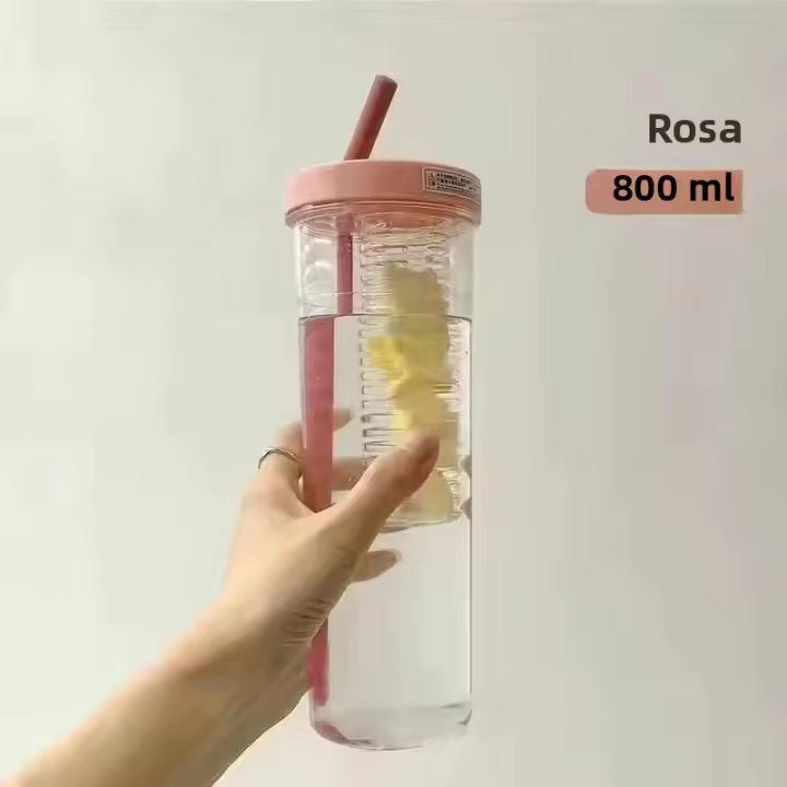 Botella De Agua Portátil Con Pajillas Y Fruta Infusor Taza De Jugo De Frutas Para Deporte Y Viajes Transparente Reutilizable Y Lavable - 1